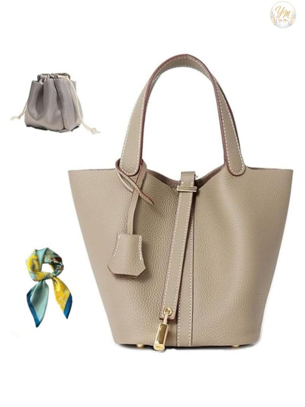 Genuine Leather Bucket Bag Women Lock Design Shoulder Handbag Top-Handle Tote